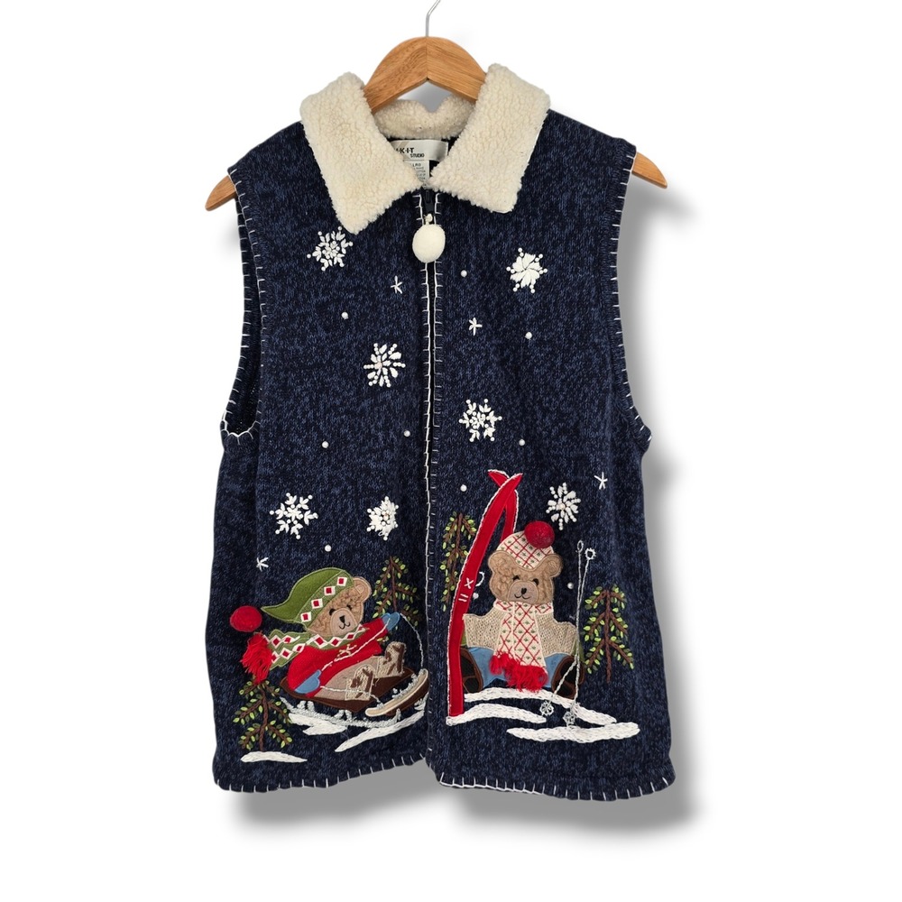 Kikit Studio Womens Navy Blue Winter Skiing Teddy Bear Knit Sweater Vest Large